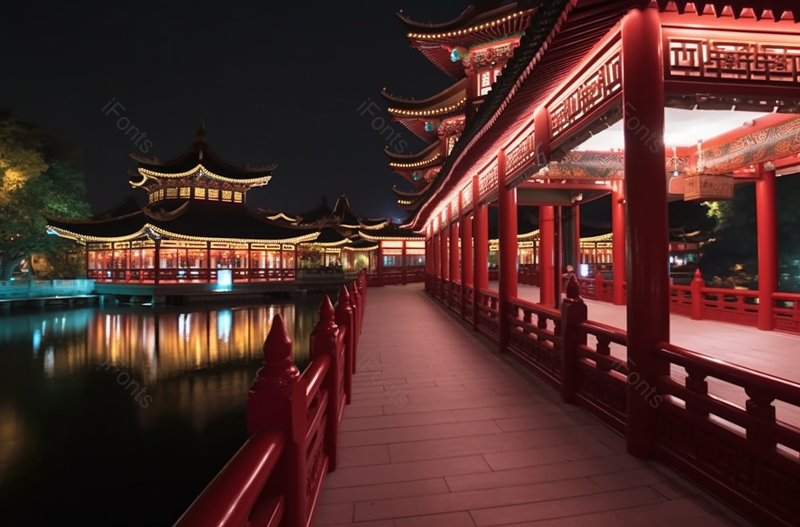 中式唐代芙蓉园走廊灯光夜景,高清,摄影图,摄影图片,图片大全,摄影图免费下载